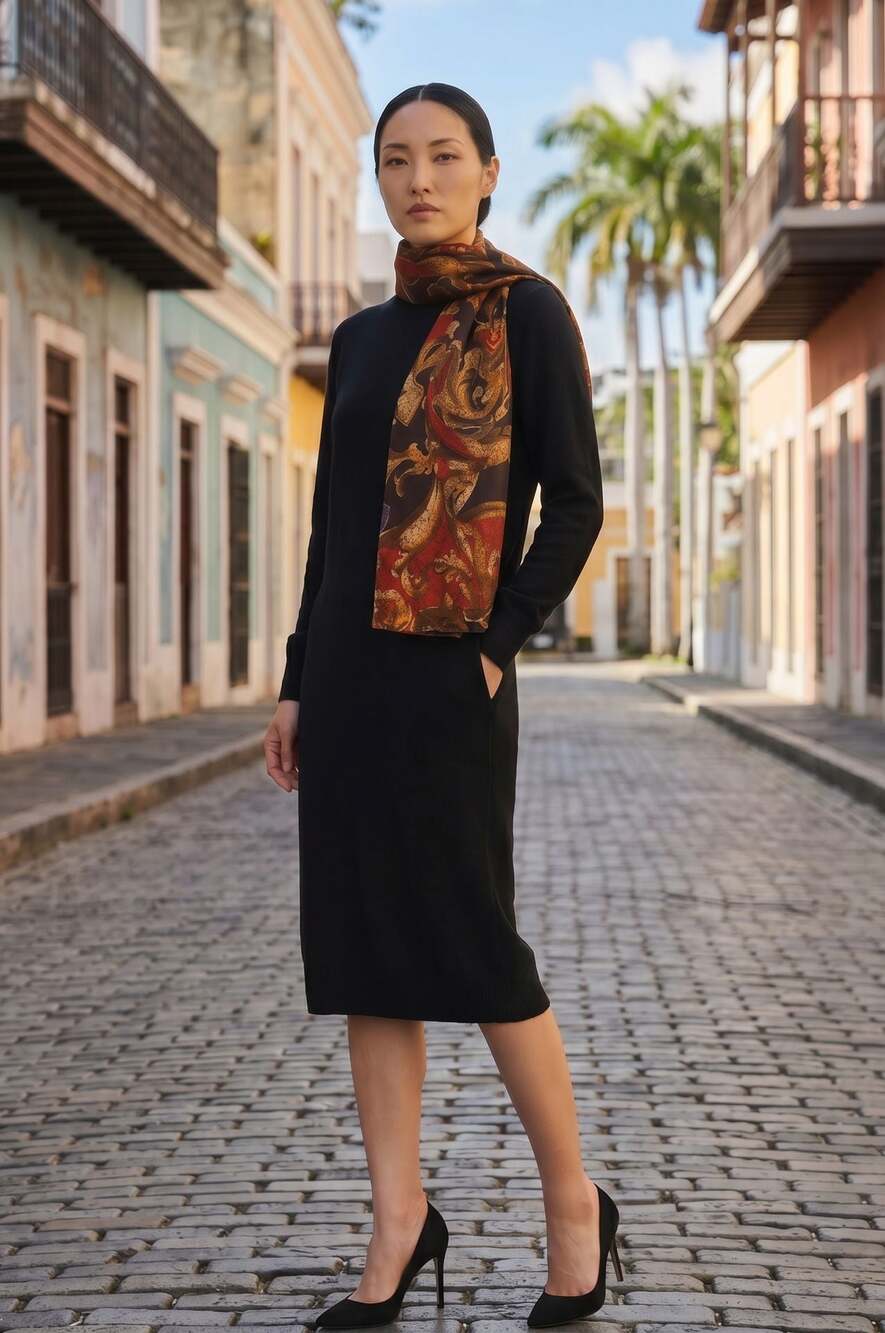 Vintage 100% Silk Baroque Floral Print Scarf